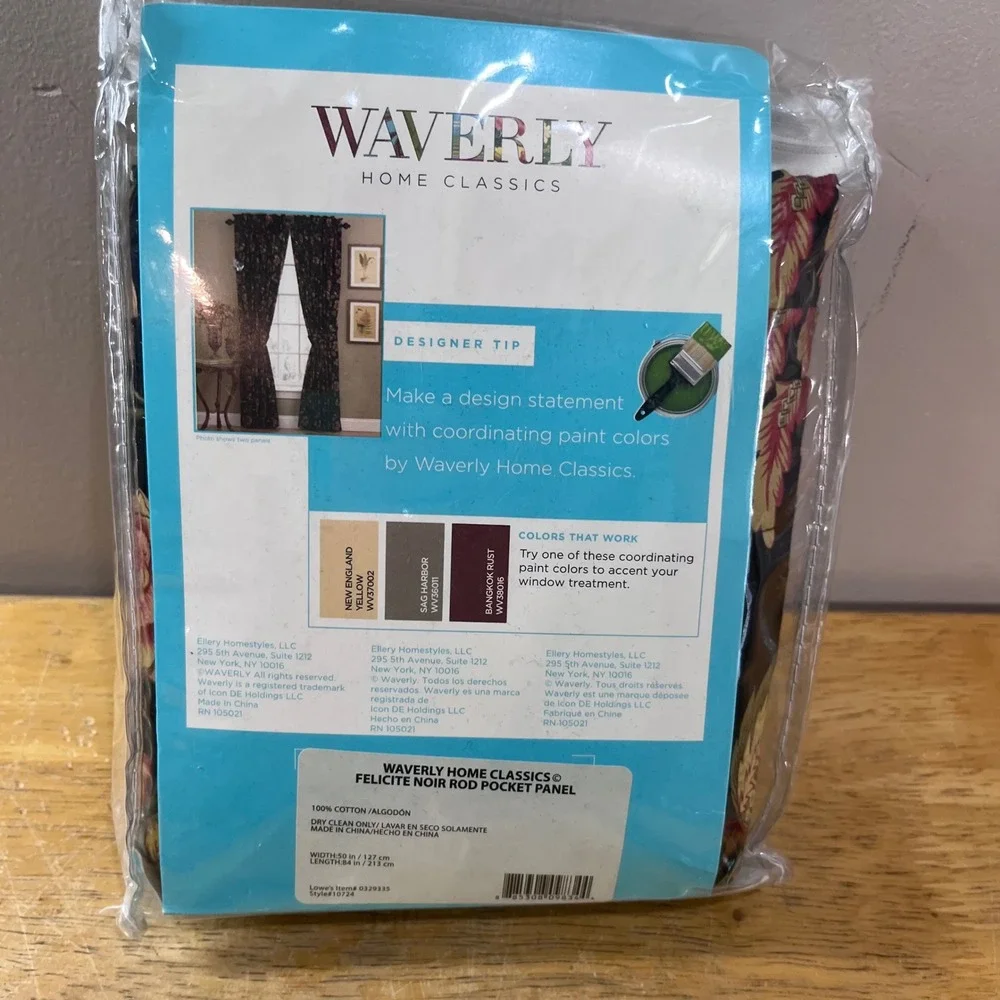 Waverly Felicite Noir Rod Pocket Curtain Panel 50x84 Vtg Floral Black Cotton